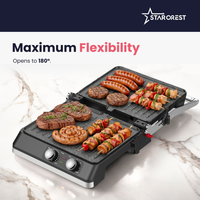 STARCREST SGR-2924BX Electric Grill, 2200 W, ceramic-coated grill plates, adjustable thermostat, timer, 180° opening, cooking surface 29 × 24 cm, cleaning spatula, black/stainless steel [5]