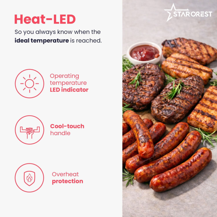 STARCREST SGR-2924BX Electric Grill, 2200 W, ceramic-coated grill plates, adjustable thermostat, timer, 180° opening, cooking surface 29 × 24 cm, cleaning spatula, black/stainless steel [7]