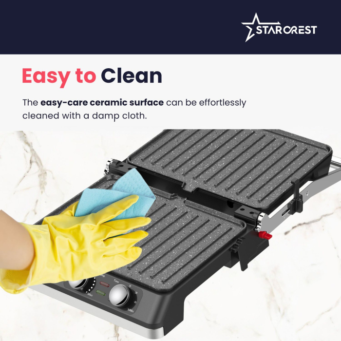 STARCREST SGR-2924BX Electric Grill, 2200 W, ceramic-coated grill plates, adjustable thermostat, timer, 180° opening, cooking surface 29 × 24 cm, cleaning spatula, black/stainless steel [6]