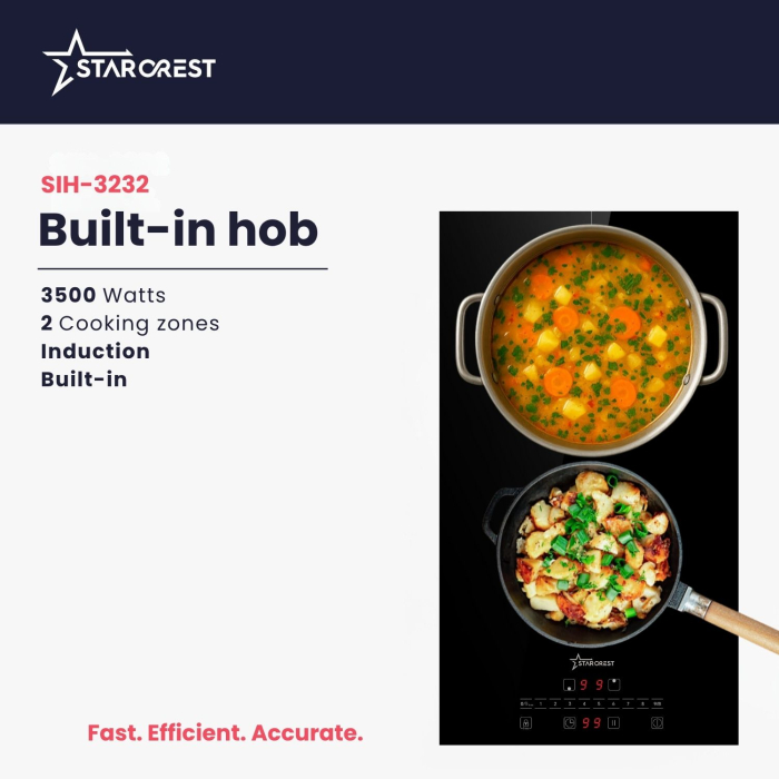 STARCREST SIH-3232 Built-in Induction Hob, 3500 W, 2 Cooking Zones, 9 Power Levels, Touch Control, Timer, Black Kanger Glass [2]