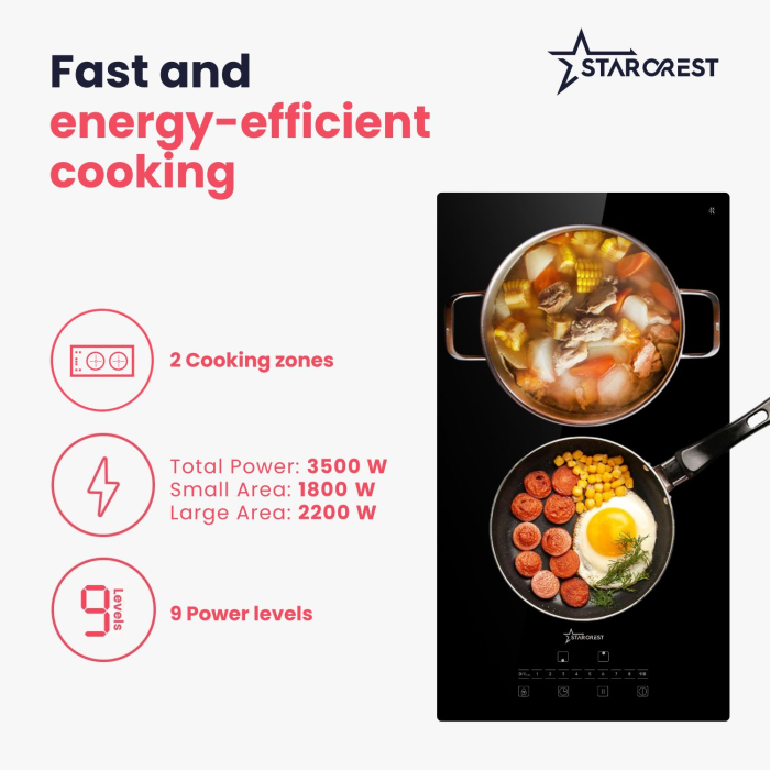 STARCREST SIH-3232 Built-in Induction Hob, 3500 W, 2 Cooking Zones, 9 Power Levels, Touch Control, Timer, Black Kanger Glass [3]