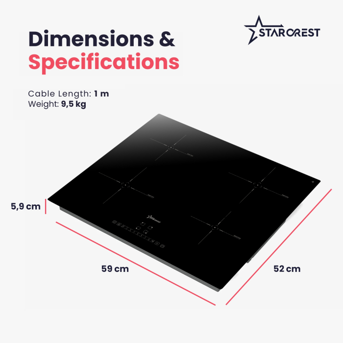 STARCREST SIH-6262 Built-in Induction Hob, 4 Cooking Zones, Slider Touch Control, Booster, Keep Warm Function, Timer, Black Kanger Glass [9]