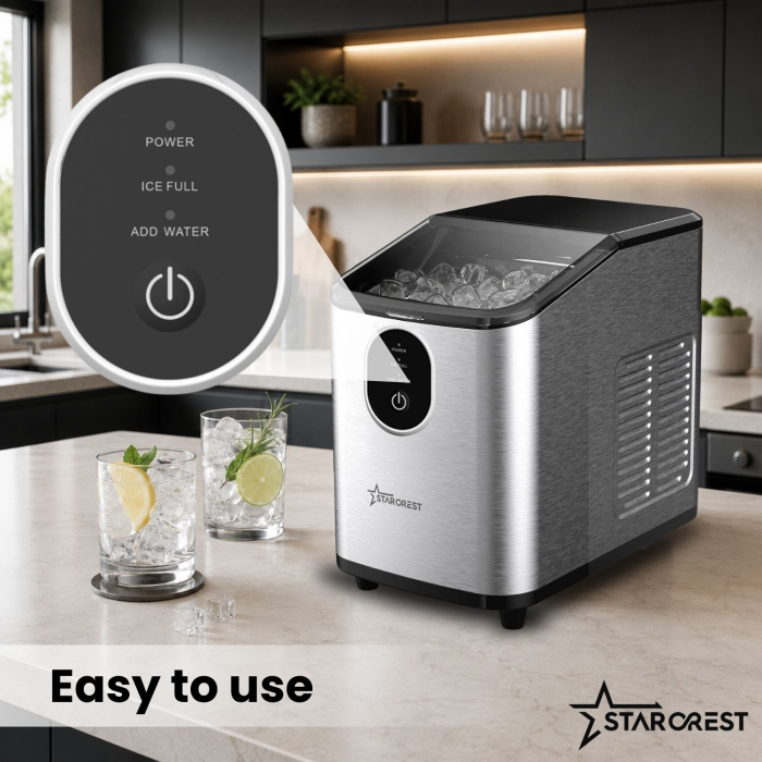 STARCREST SIM-1125IX Ice Cube Maker, 11–12 kg/24h Capacity, Removable Ice Basket, 0.8 L Water Tank, Stainless Steel [4]
