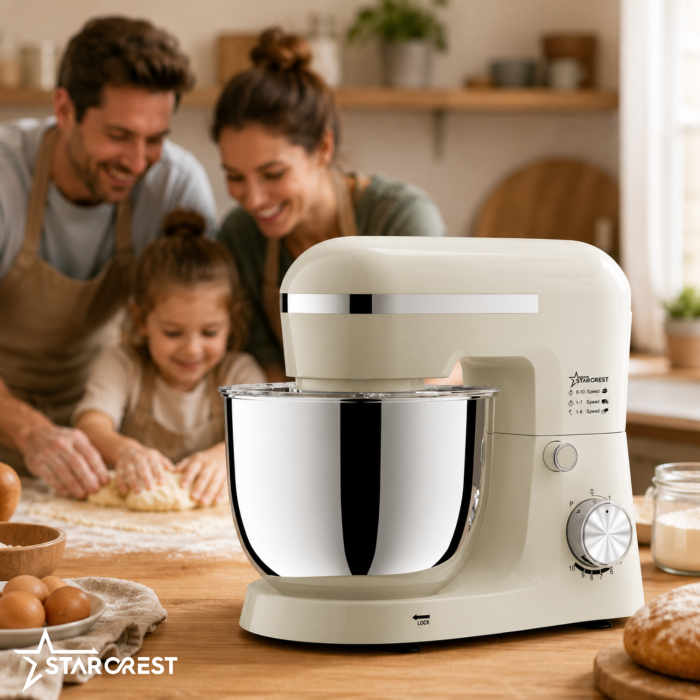 STARCREST SKM-1550CR Kitchen Stand Mixer, 1500 W, 5 L Stainless Steel Bowl, 4 Accessories, 10 Speeds + Pulse, Cream [6]