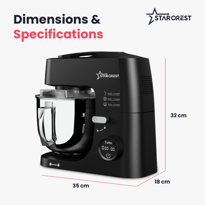 STARCREST SKM-1650BK 5L Stainless Steel Bowl Mixer, 1.5 kg Dough Capacity, 1600W Power, 3 Accessories, 8 Speeds + Turbo, Black [8]