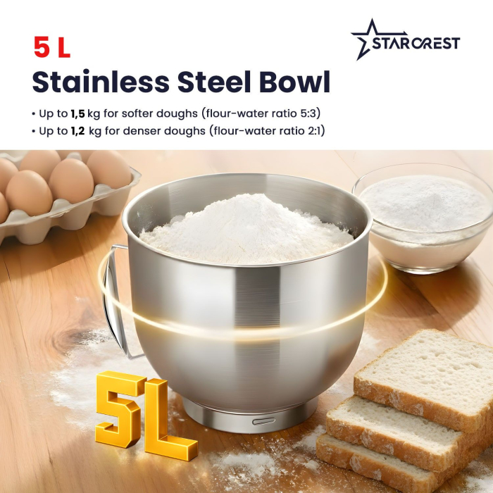STARCREST SKM-1650BK 5L Stainless Steel Bowl Mixer, 1.5 kg Dough Capacity, 1600W Power, 3 Accessories, 8 Speeds + Turbo, Black [4]