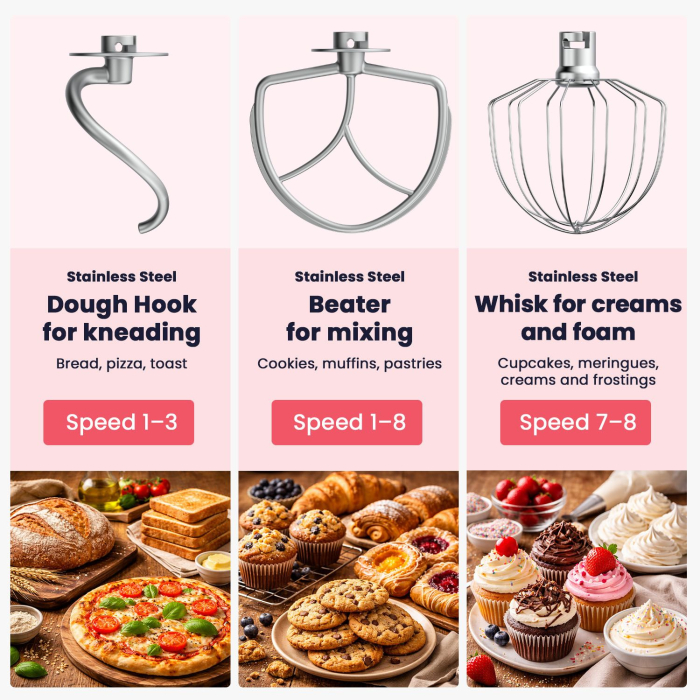 STARCREST SKM-1650BK 5L Stainless Steel Bowl Mixer, 1.5 kg Dough Capacity, 1600W Power, 3 Accessories, 8 Speeds + Turbo, Black [7]