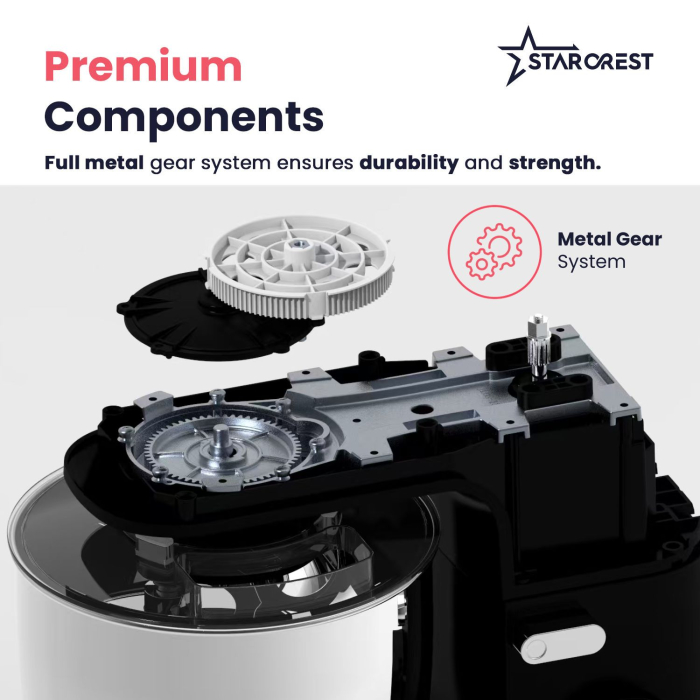 STARCREST SKM-1650BK 5L Stainless Steel Bowl Mixer, 1.5 kg Dough Capacity, 1600W Power, 3 Accessories, 8 Speeds + Turbo, Black [6]