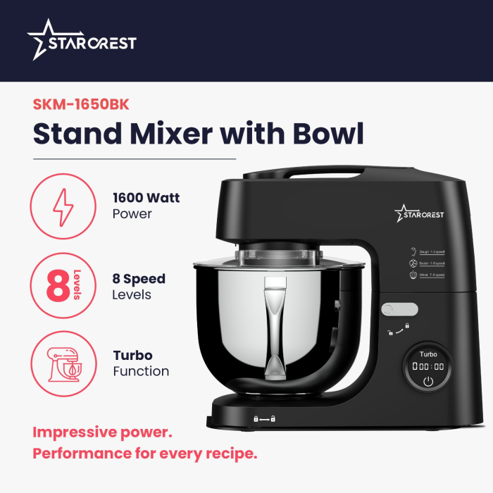 STARCREST SKM-1650BK 5L Stainless Steel Bowl Mixer, 1.5 kg Dough Capacity, 1600W Power, 3 Accessories, 8 Speeds + Turbo, Black [2]