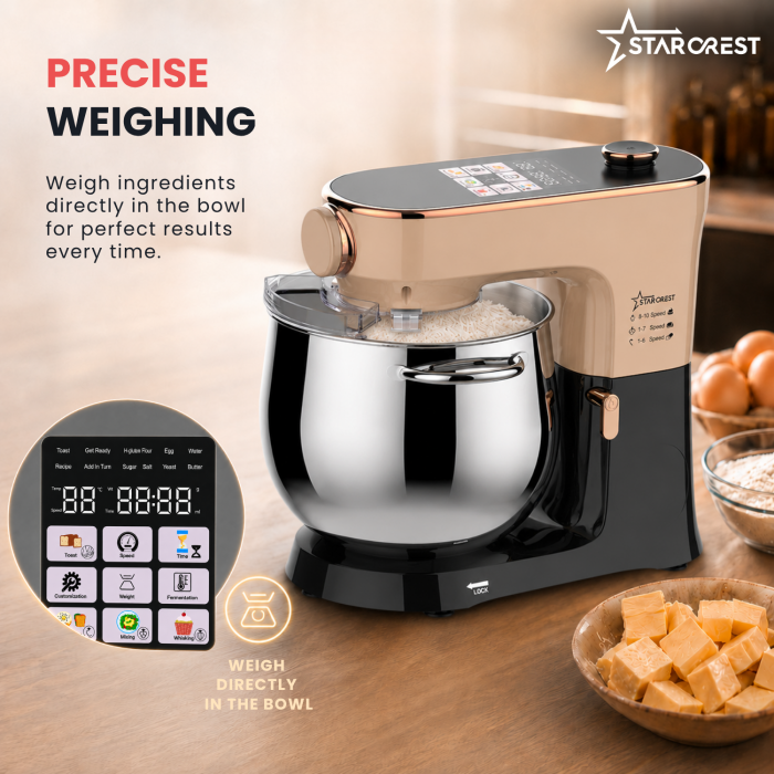 STARCREST SKM-2010BB Stand Mixer, 2000 W, 10 L Stainless Steel Bowl, 5 Accessories, 10 Speeds + Pulse Function, Digital Controls, Built-in Scale, Proofing Function, Black/Bronze [6]