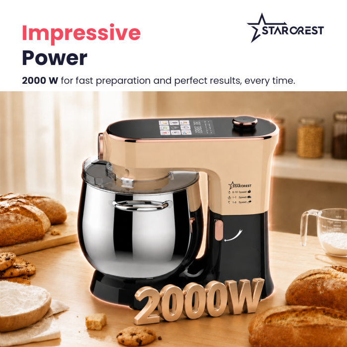 STARCREST SKM-2010BB Stand Mixer, 2000 W, 10 L Stainless Steel Bowl, 5 Accessories, 10 Speeds + Pulse Function, Digital Controls, Built-in Scale, Proofing Function, Black/Bronze [3]