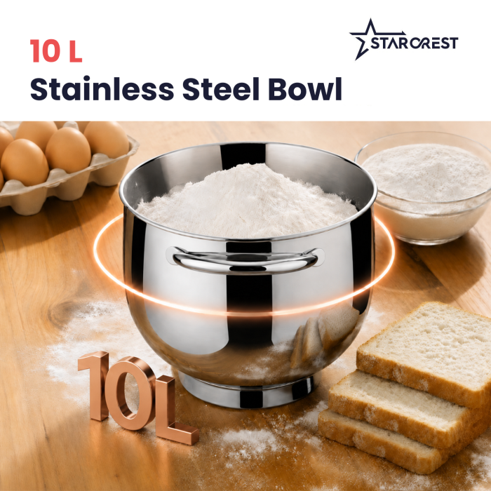 STARCREST SKM-2010BB Stand Mixer, 2000 W, 10 L Stainless Steel Bowl, 5 Accessories, 10 Speeds + Pulse Function, Digital Controls, Built-in Scale, Proofing Function, Black/Bronze [4]