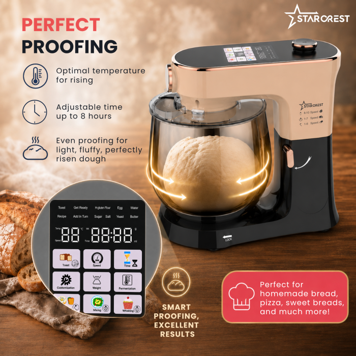 STARCREST SKM-2010BB Stand Mixer, 2000 W, 10 L Stainless Steel Bowl, 5 Accessories, 10 Speeds + Pulse Function, Digital Controls, Built-in Scale, Proofing Function, Black/Bronze [7]