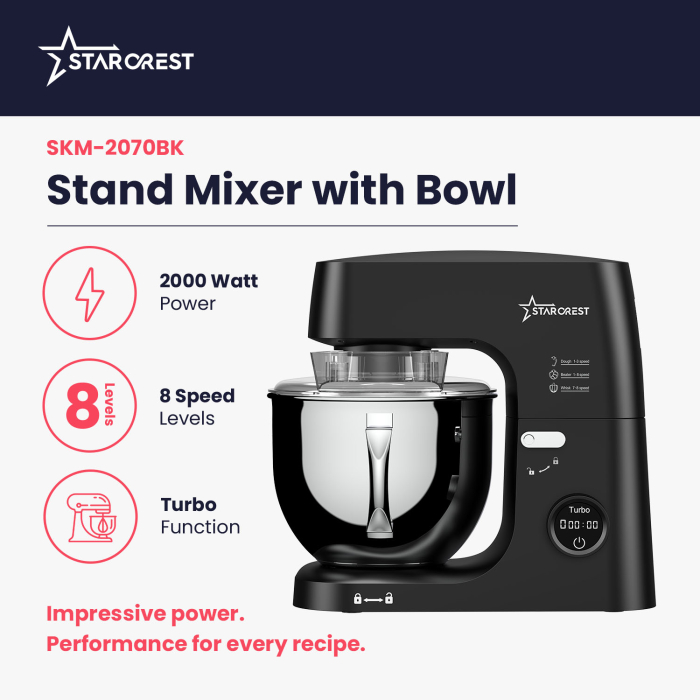 STARCREST SKM-2070BK Stand Mixer with 7L Stainless Steel Bowl, 2.1 kg Dough Capacity, 2000W Power, 3 Stainless Steel Attachments, 8 Speeds + Turbo, Black [2]