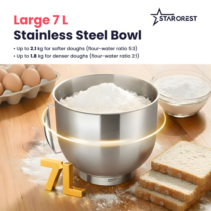 STARCREST SKM-2070BK Stand Mixer with 7L Stainless Steel Bowl, 2.1 kg Dough Capacity, 2000W Power, 3 Stainless Steel Attachments, 8 Speeds + Turbo, Black [4]