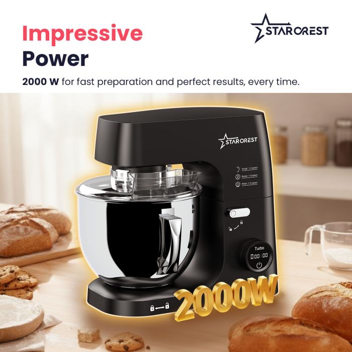 STARCREST SKM-2070BK Stand Mixer with 7L Stainless Steel Bowl, 2.1 kg Dough Capacity, 2000W Power, 3 Stainless Steel Attachments, 8 Speeds + Turbo, Black [3]