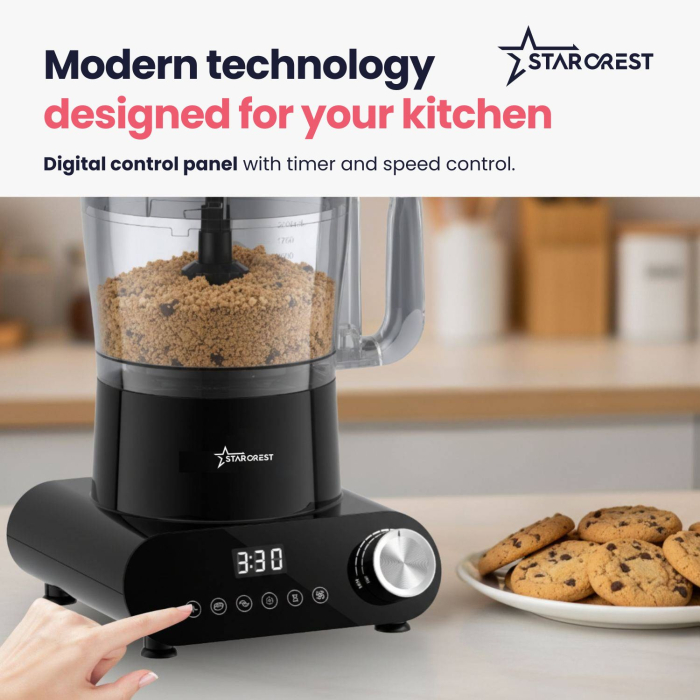 STARCREST SKM1525-10BK Food Processor, 1500W, 2.5 L Bowl, 10 Accessories, Digital Control, Timer, 2 L Blender, Black [4]