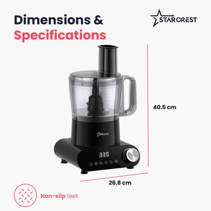 STARCREST SKM1525-10BK Food Processor, 1500W, 2.5 L Bowl, 10 Accessories, Digital Control, Timer, 2 L Blender, Black [10]