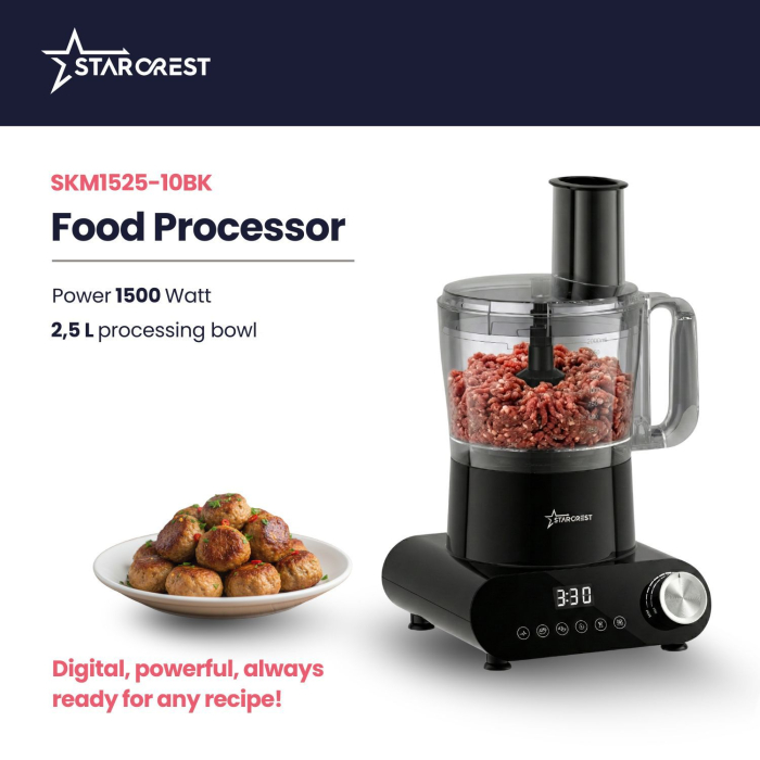 STARCREST SKM1525-10BK Food Processor, 1500W, 2.5 L Bowl, 10 Accessories, Digital Control, Timer, 2 L Blender, Black [3]