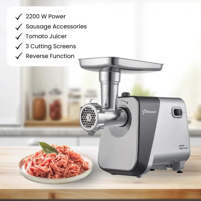 STARCREST SMG-2250S Meat Grinder, 2200 W, Tomato and Sausage Attachment, 3 Cutting Plates, Stainless Steel Blade, Gray [2]