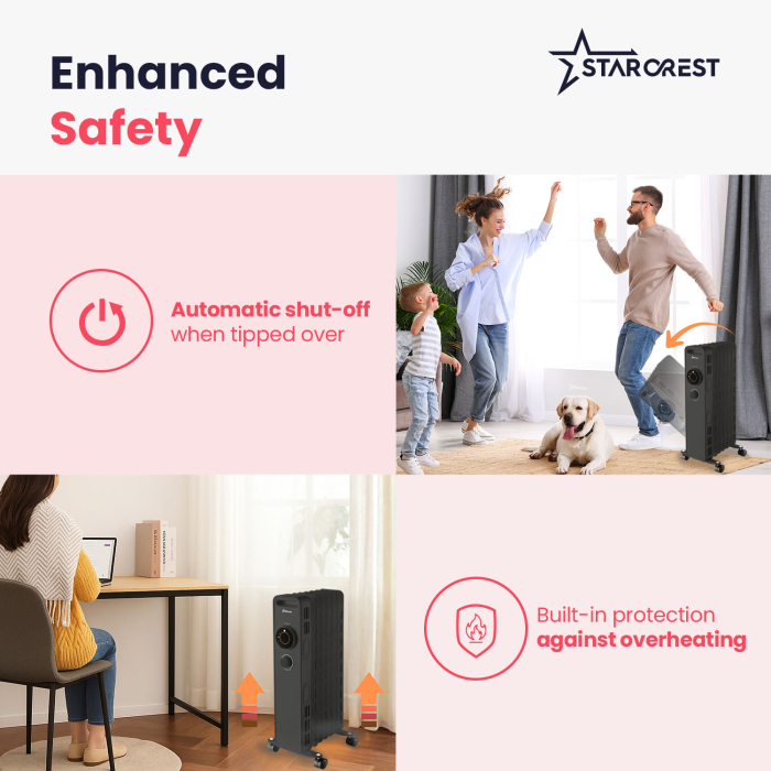 STARCREST SOH-0715BK Oil-Filled Electric Heater, 1500 W, 7 Fins, 3 Power Levels, Mechanical Thermostat, Overheat Protection, Tip-Over Safety, Black [5]