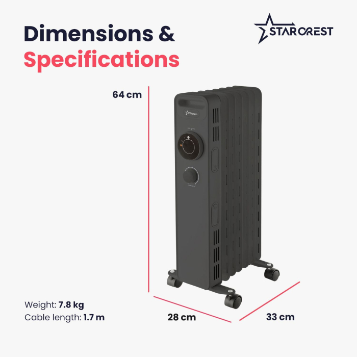 STARCREST SOH-0715BK Oil-Filled Electric Heater, 1500 W, 7 Fins, 3 Power Levels, Mechanical Thermostat, Overheat Protection, Tip-Over Safety, Black [8]