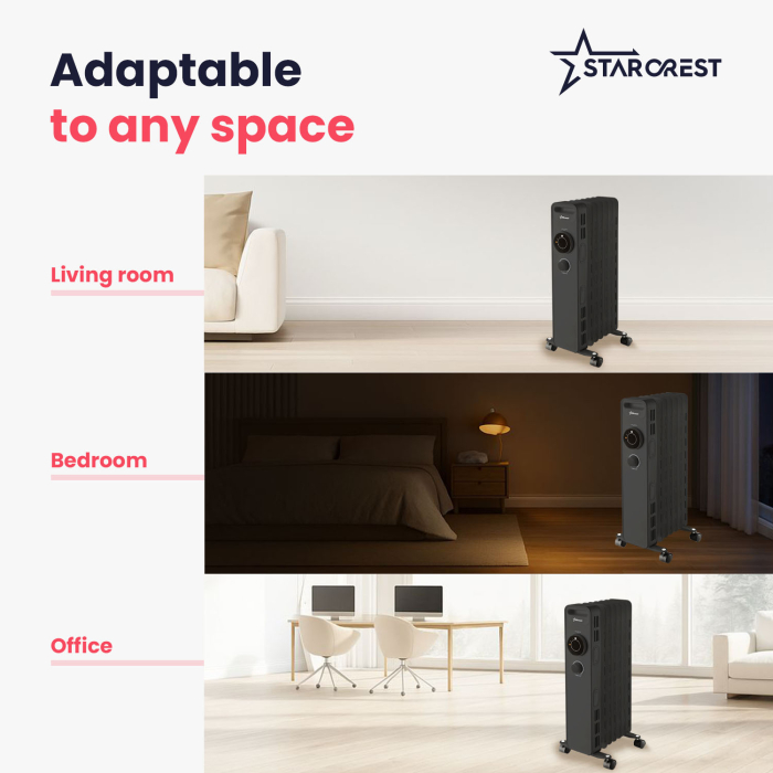 STARCREST SOH-0715BK Oil-Filled Electric Heater, 1500 W, 7 Fins, 3 Power Levels, Mechanical Thermostat, Overheat Protection, Tip-Over Safety, Black [6]