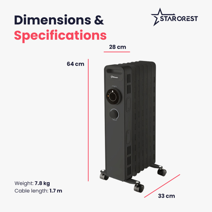 STARCREST SOH-0715BK Oil-Filled Electric Heater, 1500 W, 7 Fins, 3 Power Levels, Mechanical Thermostat, Overheat Protection, Tip-Over Safety, Black [8]