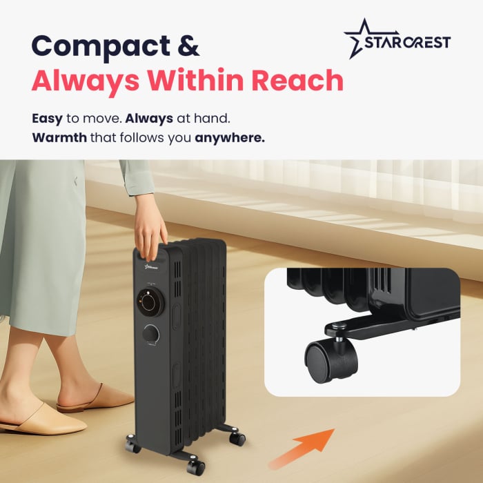 STARCREST SOH-0715BK Oil-Filled Electric Heater, 1500 W, 7 Fins, 3 Power Levels, Mechanical Thermostat, Overheat Protection, Tip-Over Safety, Black [7]