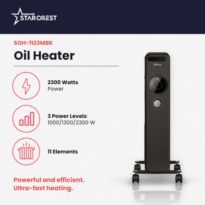 STARCREST SOH-1123MBK Oil-Filled Electric Radiator, 2300 W, 11 Elements, 3 Power Levels, Mechanical Thermostat, Overheat Protection, Tip-Over Safety, Black [2]