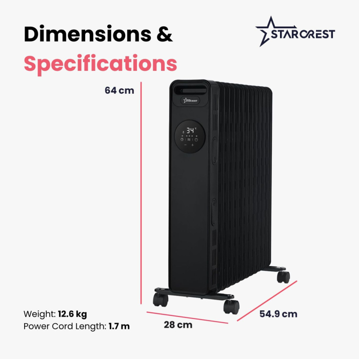 STARCREST SOH-1325BK Oil-Filled Electric Radiator, 2500 W, 13 Fins, Timer, 3 Power Levels, Digital Thermostat, Overheat Protection, Tip-Over Safety, Black [6]