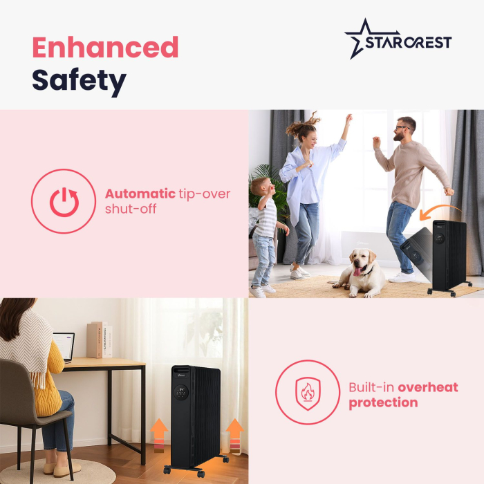 STARCREST SOH-1325BK Oil-Filled Electric Radiator, 2500 W, 13 Fins, Timer, 3 Power Levels, Digital Thermostat, Overheat Protection, Tip-Over Safety, Black [4]