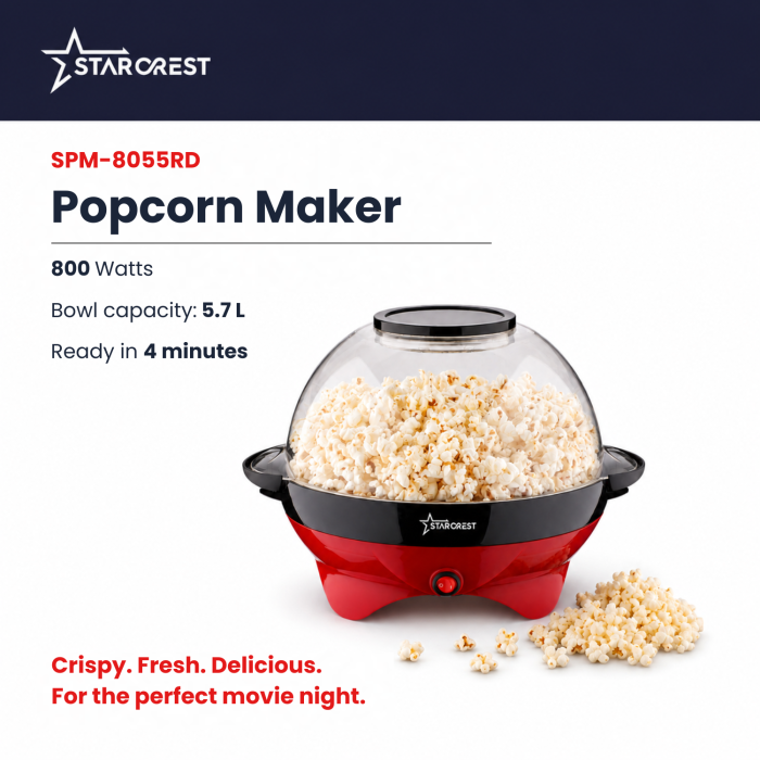 STARCREST SPM-8055RD Popcorn Maker, 800W, 4-Minute Preparation Time, 5.7 L Serving Bowl, Removable Cooking Plate, Red [2]