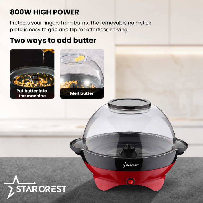 STARCREST SPM-8055RD Popcorn Maker, 800W, 4-Minute Preparation Time, 5.7 L Serving Bowl, Removable Cooking Plate, Red [5]
