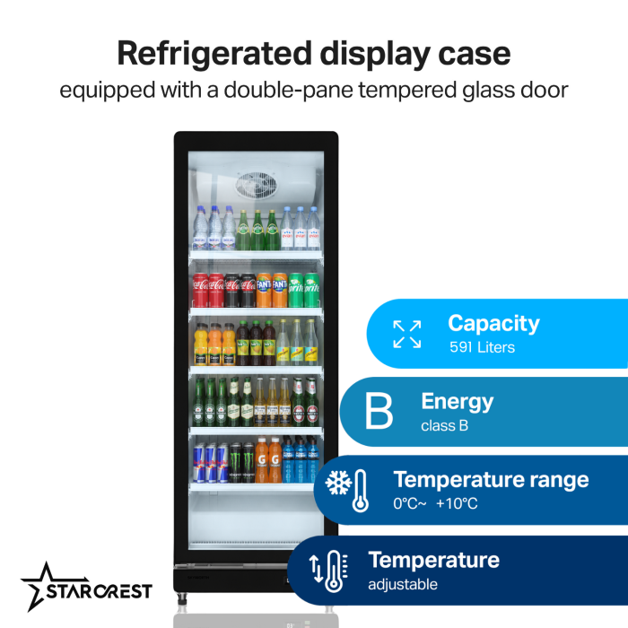 STARCREST SPS-591BK Professional Refrigerated Display Cabinet, 591 L, Adjustable Thermostat, LED Lighting, 194.5 cm Height, Black [2]