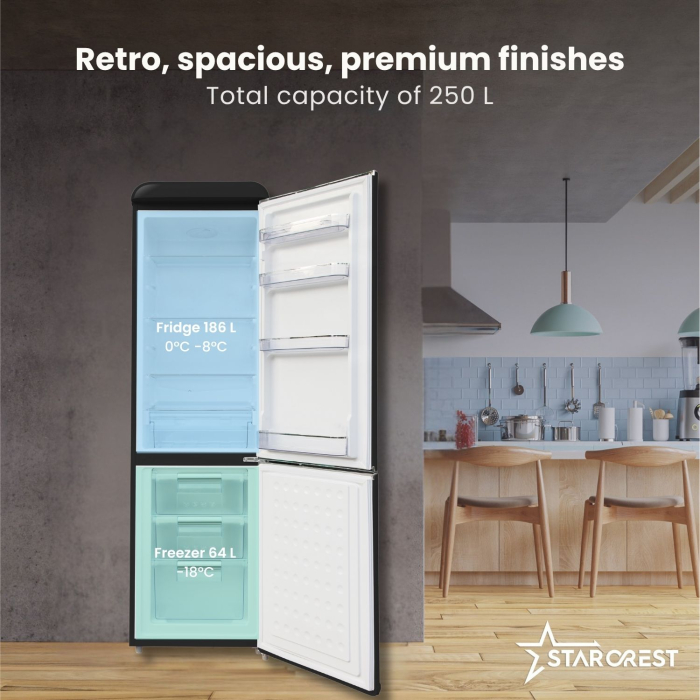 STARCREST SRC-250BK Retro Refrigerator-Freezer, Vintage Design, Class E, 250 L Capacity, Adjustable Thermostat, LED Lighting, Height 188.3 cm, Black [3]