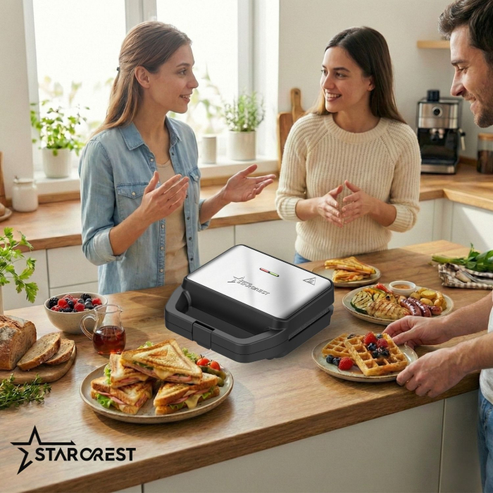 STARCREST SSM-3180BX Sandwich Maker, 800 W, 3 Types of Detachable Plates with Ceramic Coating: Grill / Triangle Sandwich / Waffles, Plate Size 21.6 x 12 cm, Black/Stainless Steel [9]