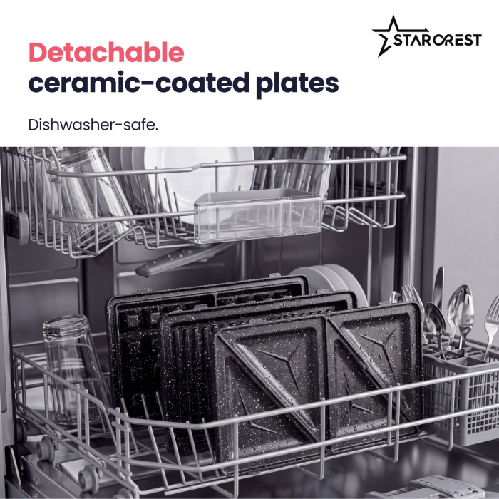 STARCREST SSM-3180BX Sandwich Maker, 800 W, 3 Types of Detachable Plates with Ceramic Coating: Grill / Triangle Sandwich / Waffles, Plate Size 21.6 x 12 cm, Black/Stainless Steel [7]