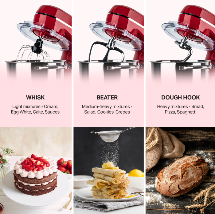 STARCREST Stand Mixer SKM-1300RD, 1300W, 5.2L Stainless Steel Bowl, 4 Accessories, 10 Speeds + Pulse, Metal Gears, Red [4]