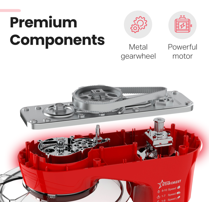 STARCREST Stand Mixer SKM-1300RD, 1300W, 5.2L Stainless Steel Bowl, 4 Accessories, 10 Speeds + Pulse, Metal Gears, Red [5]