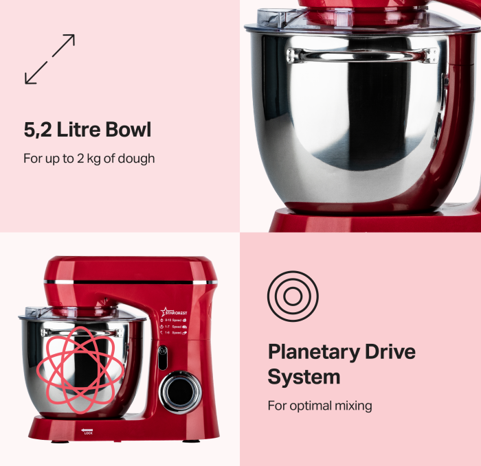 STARCREST Stand Mixer SKM-1300RD, 1300W, 5.2L Stainless Steel Bowl, 4 Accessories, 10 Speeds + Pulse, Metal Gears, Red [2]