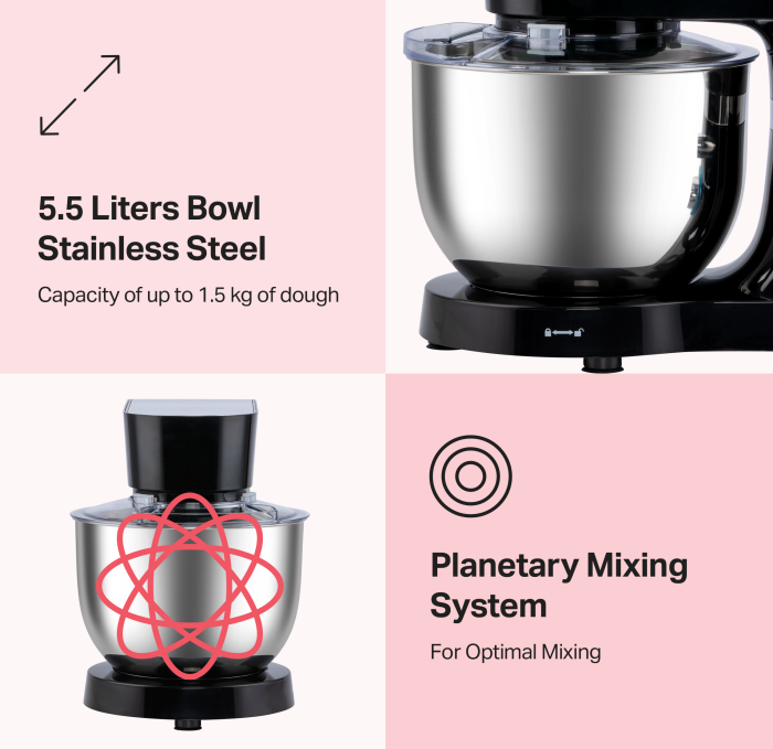 STARCREST Stand Mixer SKM-1500BK, 1500W, 5.5L Stainless Steel Bowl, 5 Attachments, 6 Speeds + Pulse, Metal Gears, Black & Stainless Steel [2]