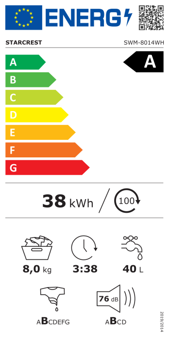 STARCREST SWM-8014WH Washing Machine, 8 kg, 1400 RPM, Energy Class A, BLDC Inverter Motor, 15 Programs, Steam Function, Digital Display, White [7]