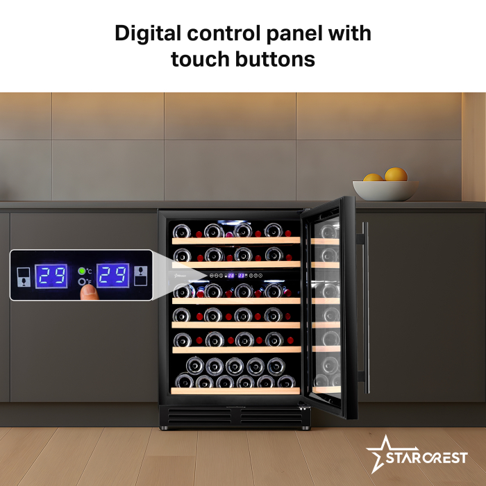 STARCREST SWN-13851DZ Built-in Wine Cooler, 138L, 51 Bottles, Beech Wood Shelves, 2 Cooling Zones, Electronic Control, Display, LED Interior Lighting, 82 cm Height, Black [4]