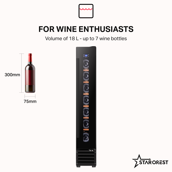 STARCREST SWN-1807 Wine Cooler, 7-Bottle Capacity, Class F, Wooden Shelves, Electronic Control, Display, LED Interior Lighting, 86.6 cm Height, Black [2]