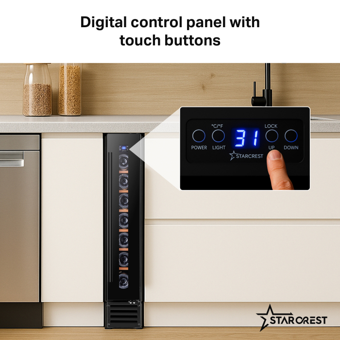 STARCREST SWN-1807 Wine Cooler, 7-Bottle Capacity, Class F, Wooden Shelves, Electronic Control, Display, LED Interior Lighting, 86.6 cm Height, Black [4]