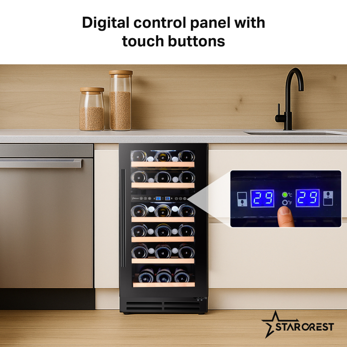 STARCREST SWN-8028DZ Built-in Wine Cooler, 80L, 28 Bottles, Beech Wood Shelves, 2 Cooling Zones, Electronic Control, Display, LED Interior Lighting, 85.5 cm Height, Black [4]