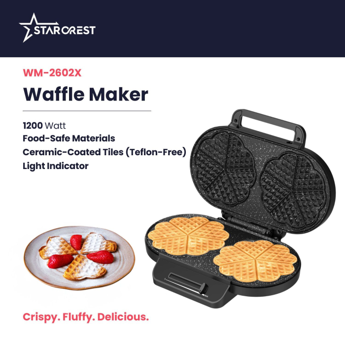 STARCREST Waffle Maker WM-2602X, 1200W, Dual Cooking Plates, Adjustable Temperature Knob, Non-Stick Coated Plates, Black/Stainless Steel [3]