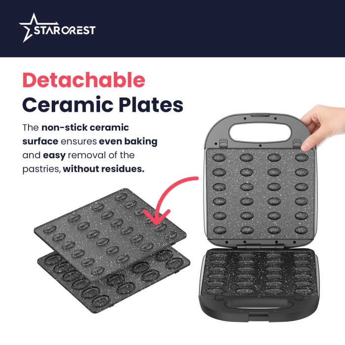 STARCREST Walnut Cookie Maker SNM-6024DX , 24 Molds, 1400W, Indicator Light, Removable Ceramic Plates, Black [4]