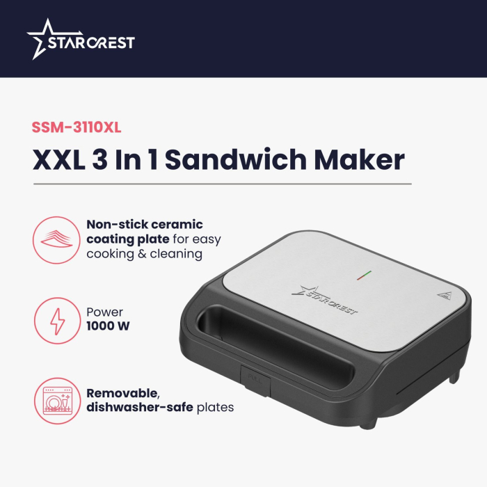 STARCREST XL 3-in-1 Sandwich Maker SSM-3110XL, 1000 W, 3 Types Of Detachable Plates With Ceramic Coating: Grill / Triangular Sandwich / Waffles, Plate Size 23 × 13 cm, Black/Stainless Steel [2]